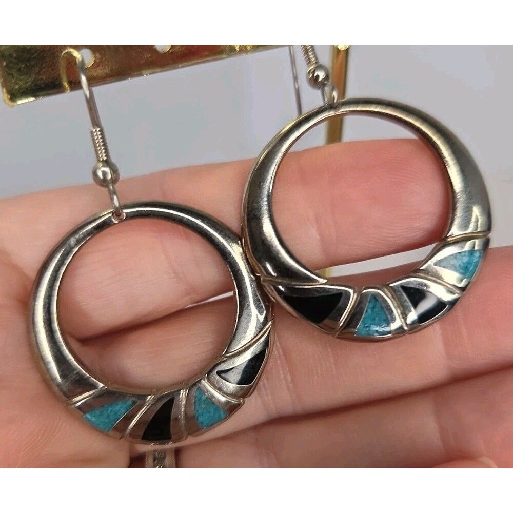 Vintage 1990 Signed COP Southwest Turquoise Onyx Chip Inlay Crescent Hoop...